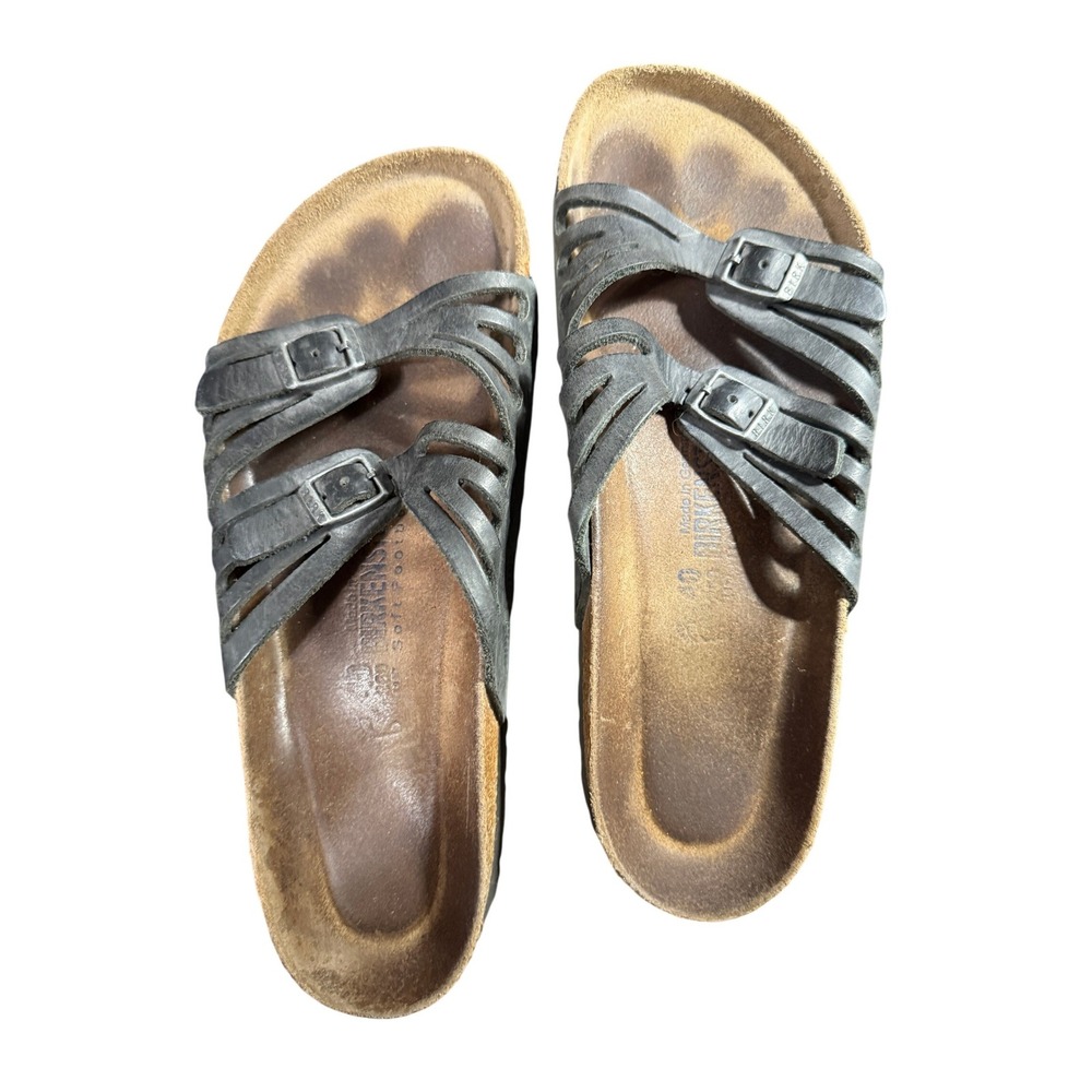 Birkenstock Granada Sandals Women 40 Black Leather Slides Comfort Footbed EU 40